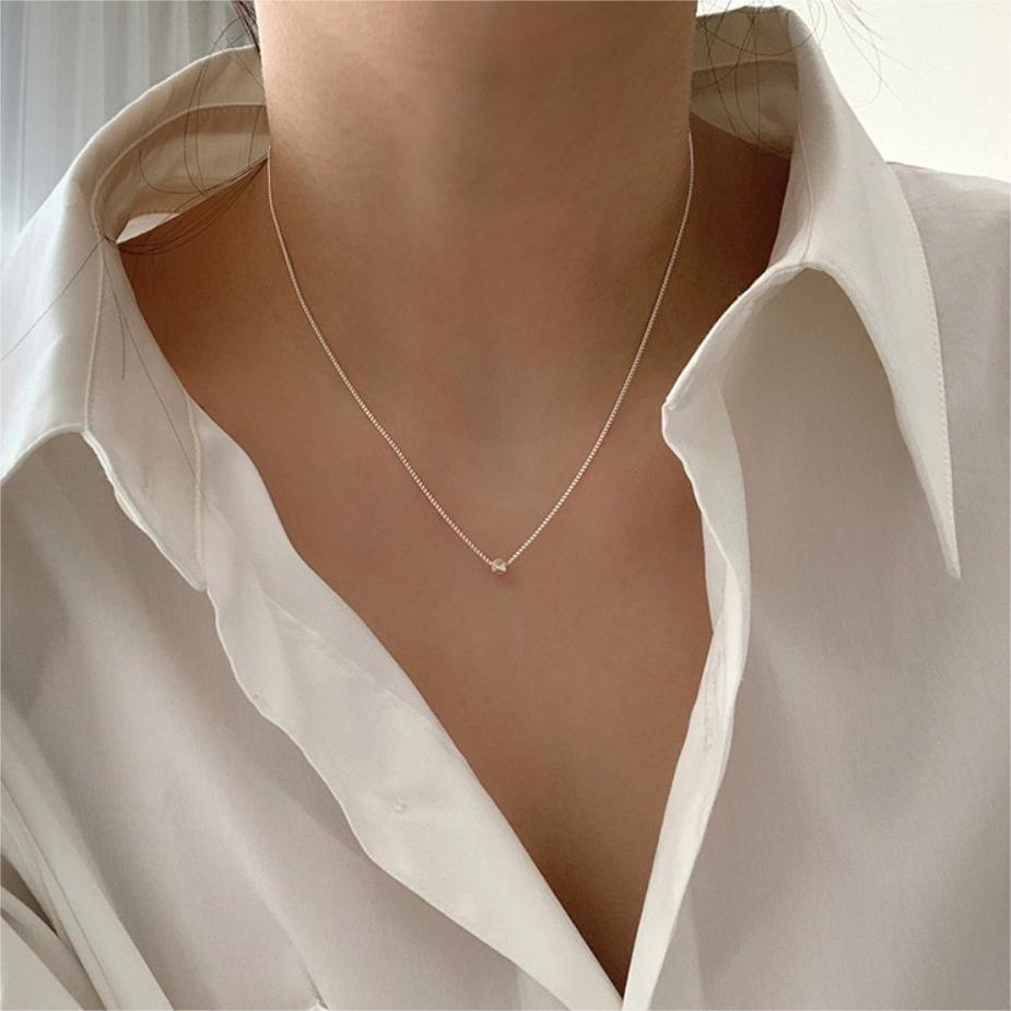 Minimalist Geometric Square-Cut Pendant Necklace in 925 Sterling Silver with Rhodium Plating and Rainbow Accents on Snake Chain