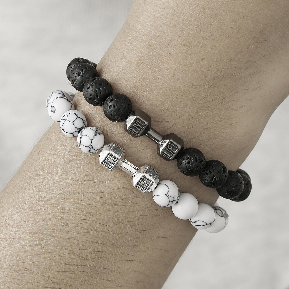 Geometric Round Volcanic Stone Hematite Beaded Bracelet Handmade Unisex Jewelry