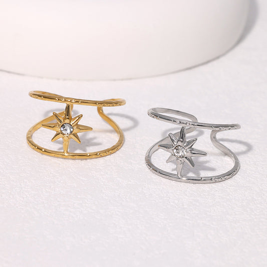 Anello aperto da donna minimalista placcato oro 18 carati in acciaio inossidabile con design a stella a otto punte