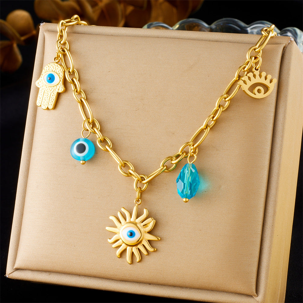 French Vintage Heart Floral Pearl Gemstone Plated Stainless Steel Curb Chain Necklace for Women