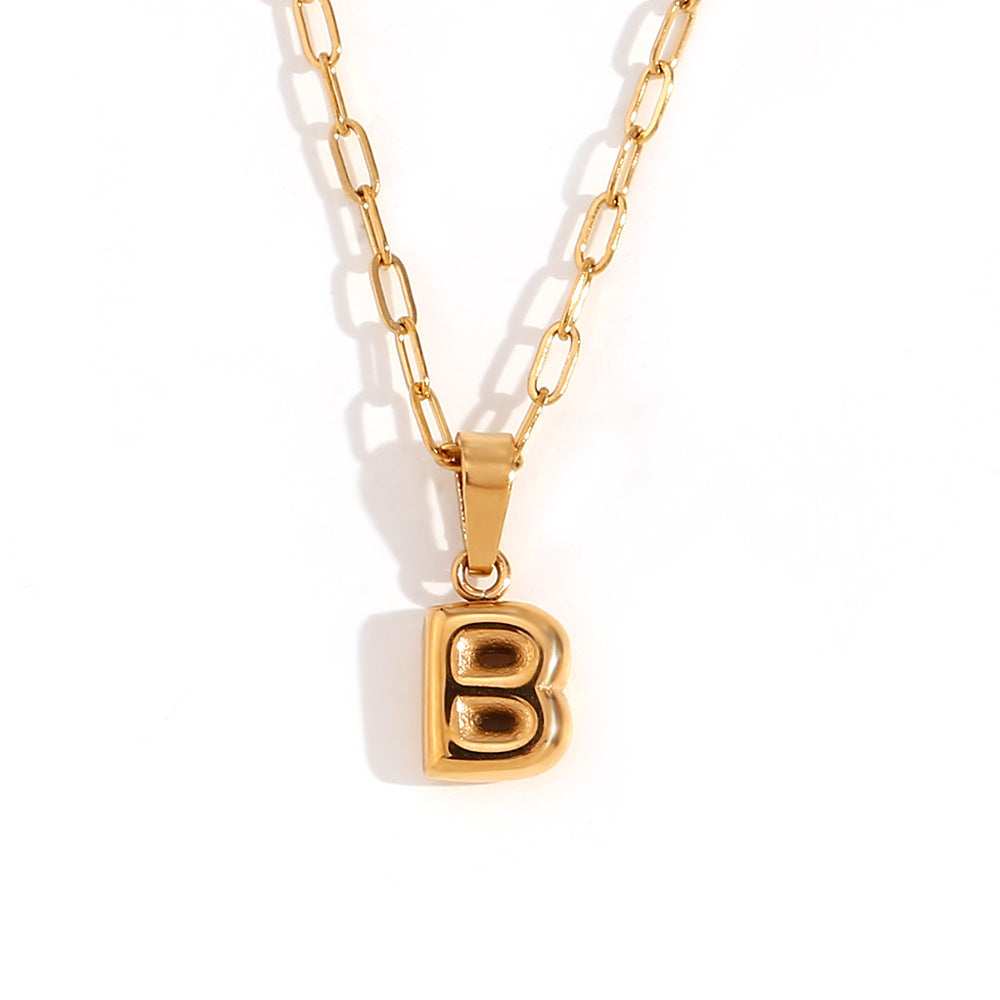 Minimalist Fashion Letter Pendant Necklace in Stainless Steel with 18K Gold Plating, Bubble-Inspired Mini Safety Pin Design for Women