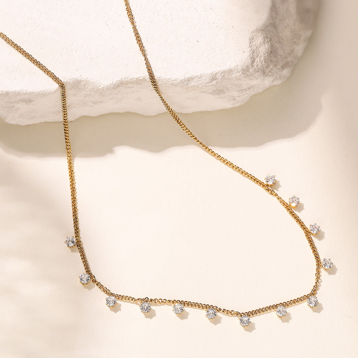Minimalist 18K Gold Plated Geometric Stainless Steel Necklace with Cubic Zirconia for Women