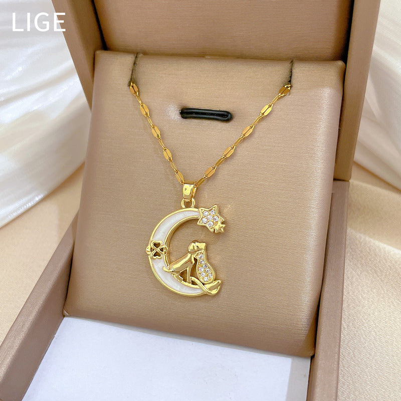 Minimalist Moon-Shaped Titanium Steel Necklace with Zircon Inlay for Women and Men, Delicate Clavicle Chain
