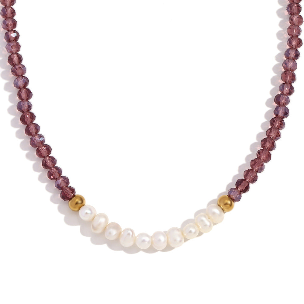 Collana Pendente Geometrica alla Moda in Acciaio Inossidabile da Donna con Pendente in Acciaio al Titanio, Finitura Placcata, Perle d'Acqua Dolce e Cristalli Taglio Leggero