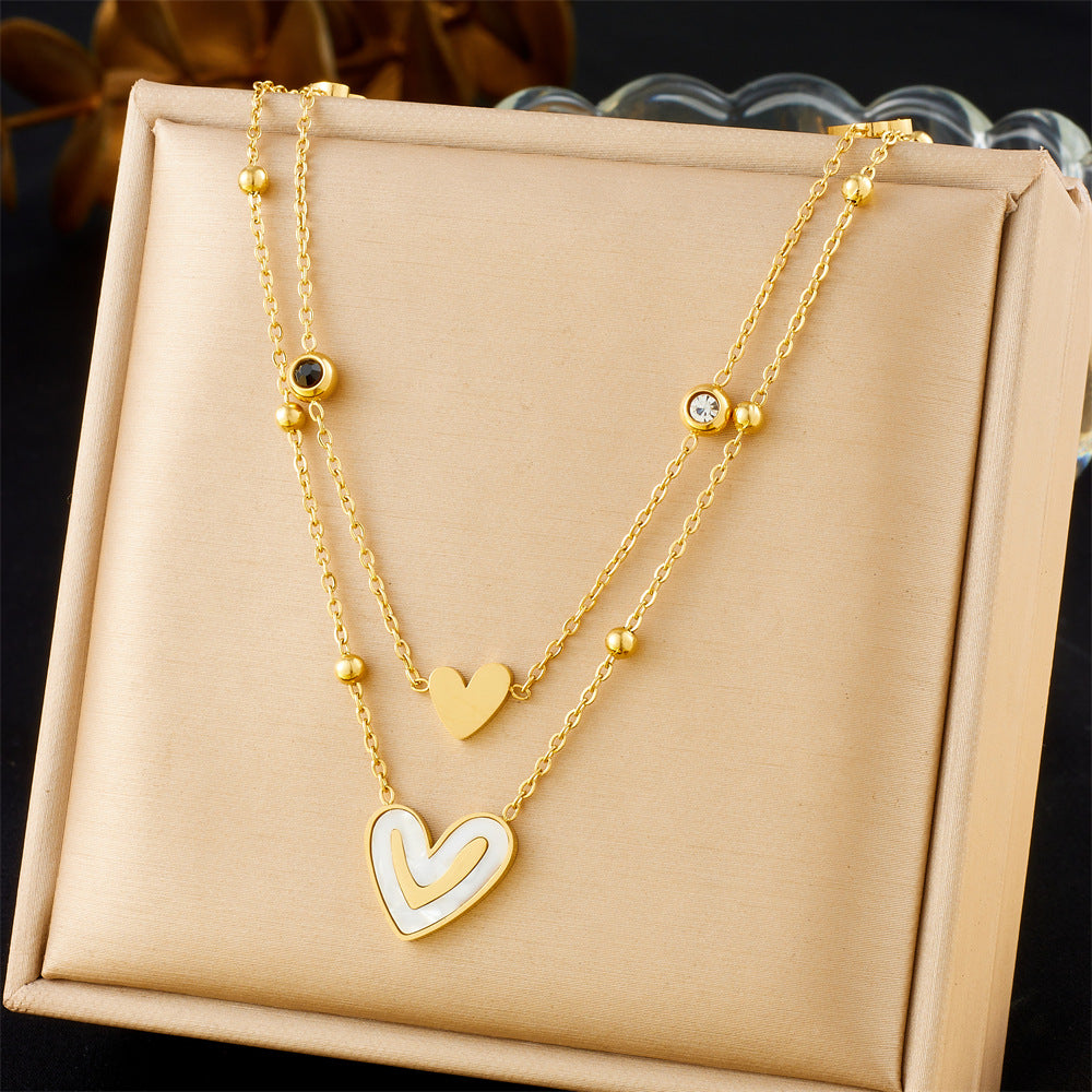 Minimalist Elegant Gold Plated Stainless Steel Heart Rhinestone Necklace with Layered Cable Chain for Women