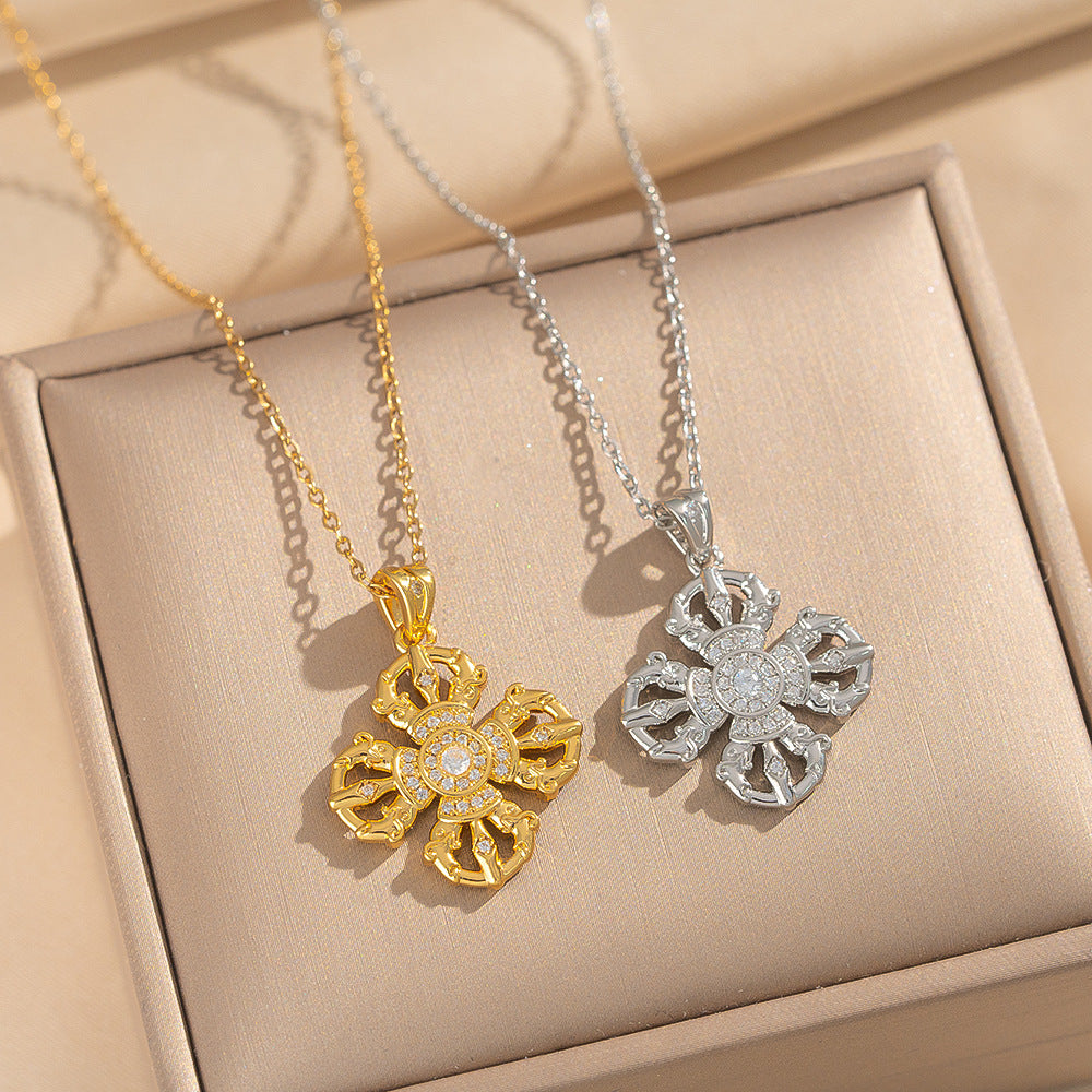 Luxury Minimalist Cross Vajra Pendant Necklace for Women in Titanium Steel with Gold Plating and Zircon Inlay on O-Chain