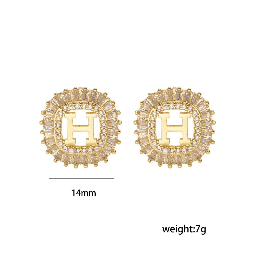 Minimalist Modern Letter H Stud Earrings in Copper with 18K Gold Plating and Zircon Inlay for Women