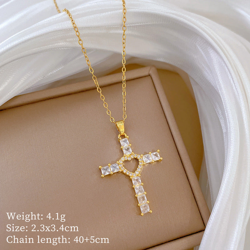 Minimalist Heart Cross Pendant Necklace in Titanium Steel with Rhinestone Inlay for Women