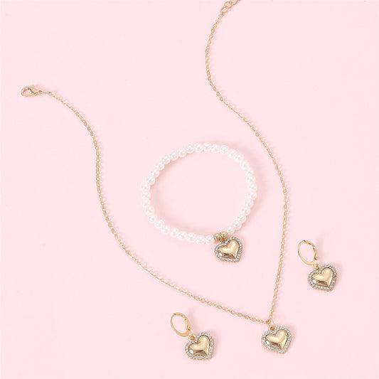 Set di collana in metallo a forma di cuore stile vintage con pendente e orecchini per ragazze