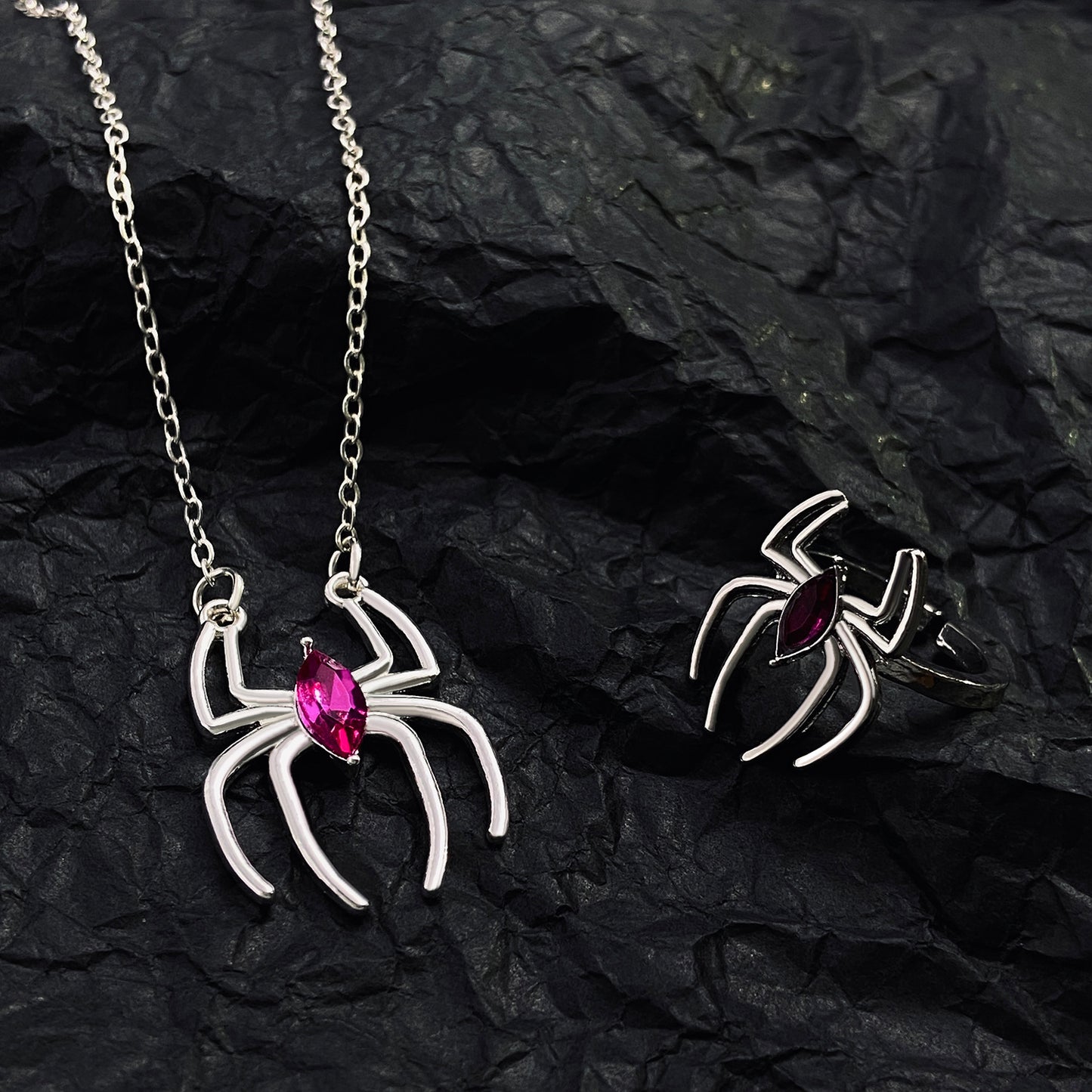 Minimalist Spider Pendant Necklace and Ring Set with Alloy Construction Electroplated Finish for Unisex Wear