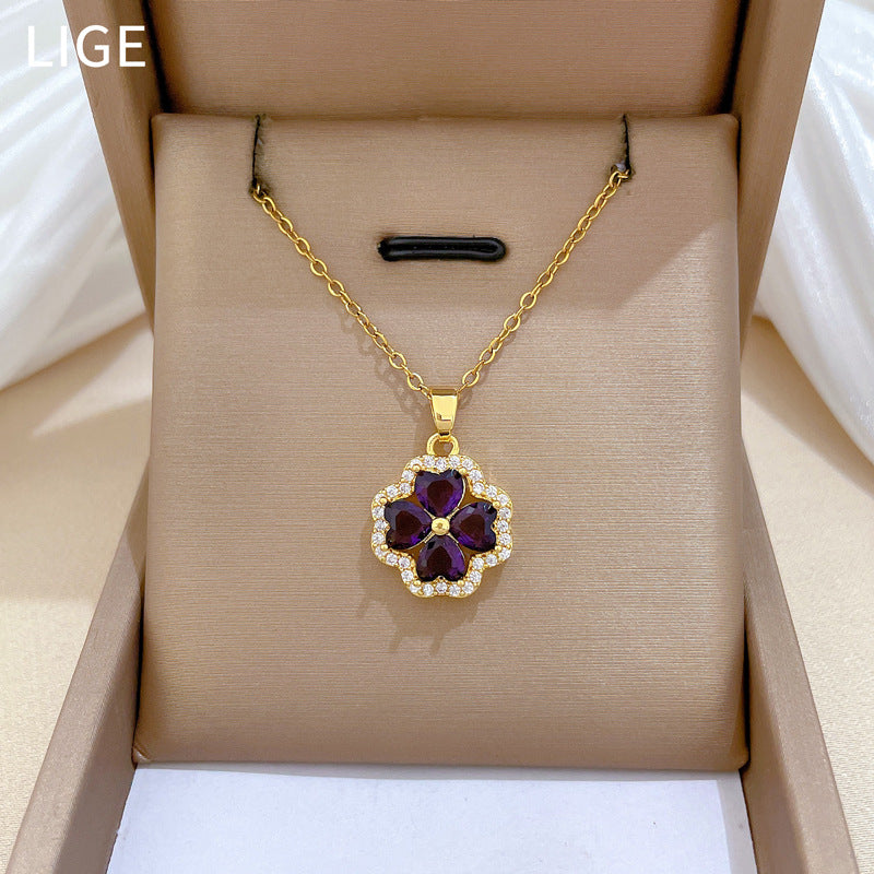 Sweet Minimalist Geometric Rhinestone Clover Pendant Titanium Steel Necklace for Unisex