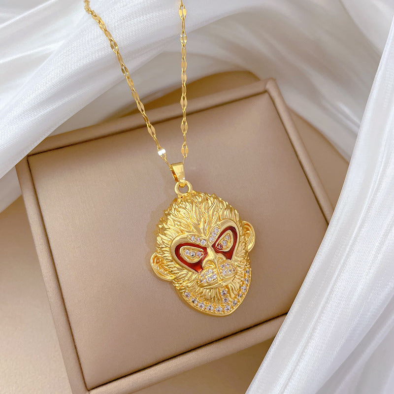 Cartoon Style Moon-Shaped Geometric Pendant Necklace for Women and Men in Titanium Steel with Rhinestone Inlay and Delicate Clavicle Chain