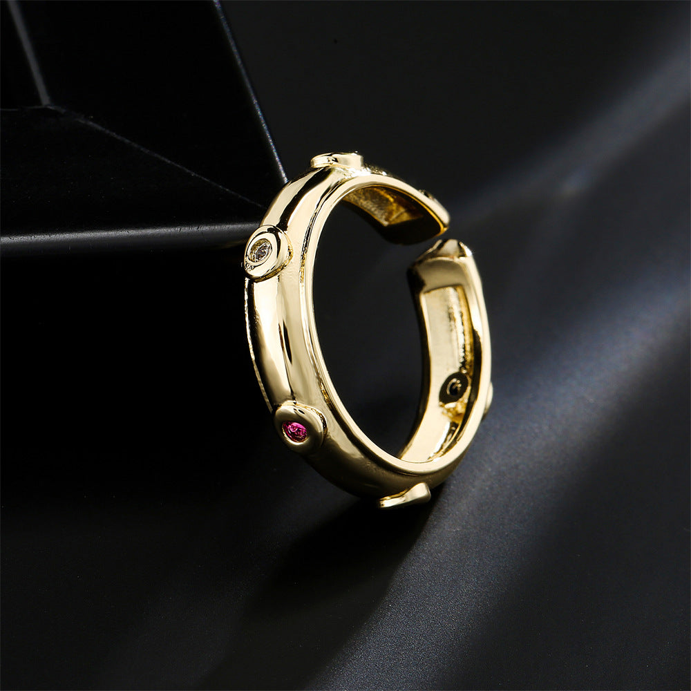 Anello Aperto Geometrico da Donna in Rame con Placcatura in Oro 18K e Intarsio di Zirconi