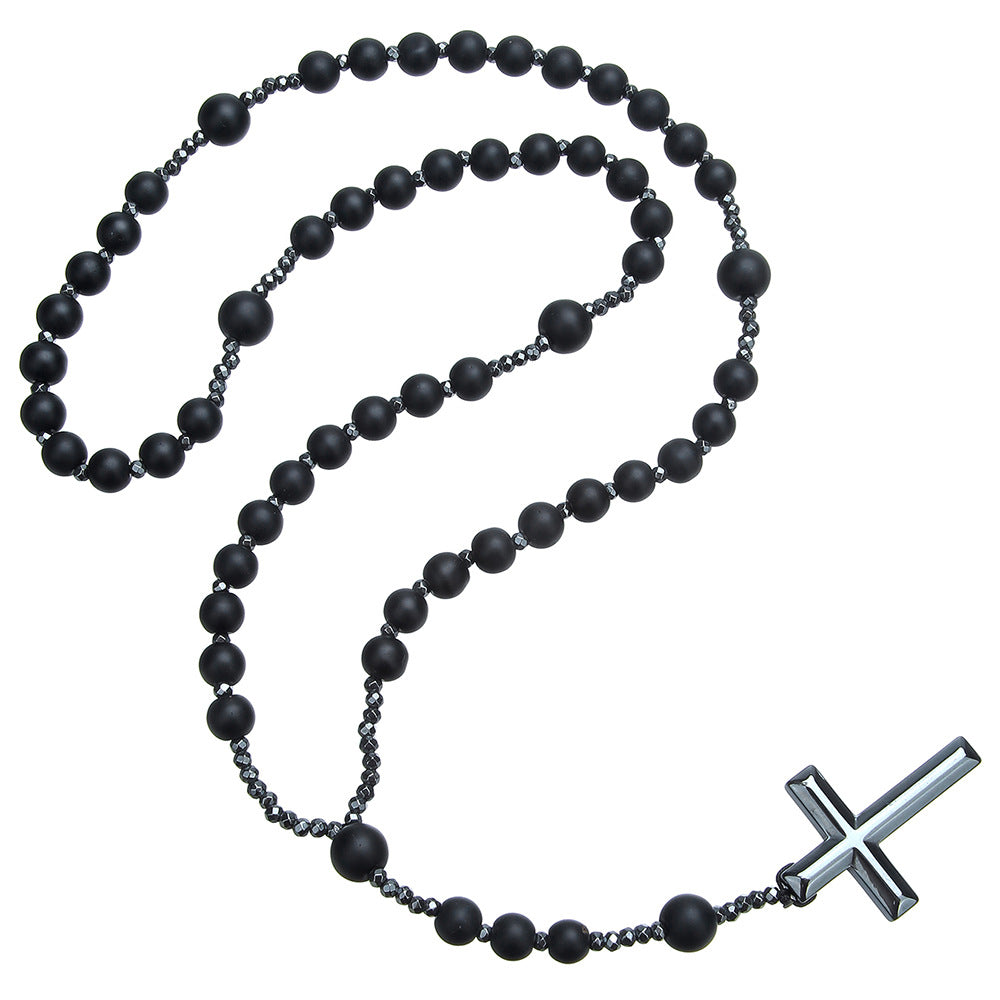 Geometric Cross Tiger's Eye and Black Agate Inlay Alloy Pendant Ball Chain Necklace for Men and Women