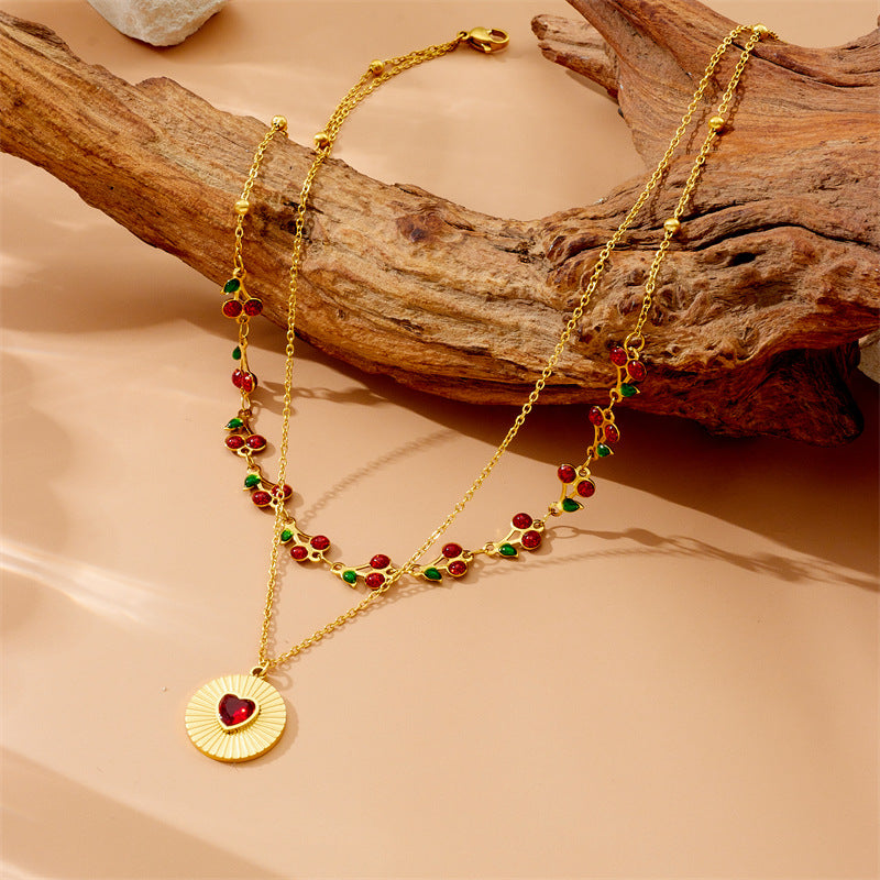 Vintage Double Layer Stainless Steel Necklace with Rhinestone and Drip Oil Cherry Heart Star Charms