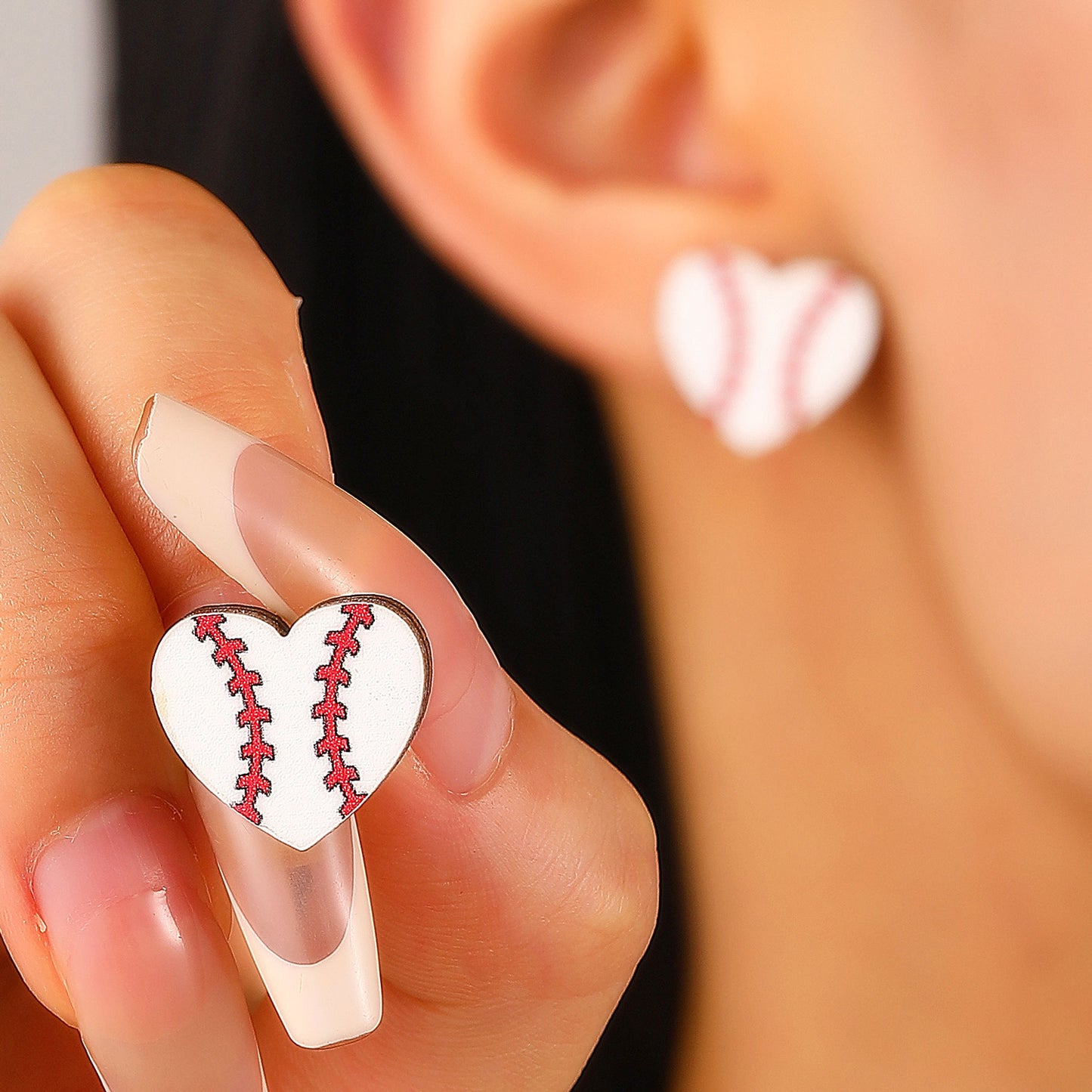 Vintage Acrylic Heart Stud Earrings with Sports Ball Print for Women