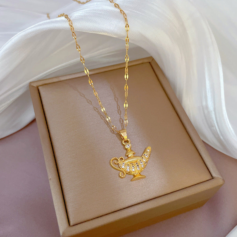 Exotic Style Geometric Lamp Pendant Necklace in Titanium Steel with Micro-Pave Zirconia and Gold-Plated Copper Charm