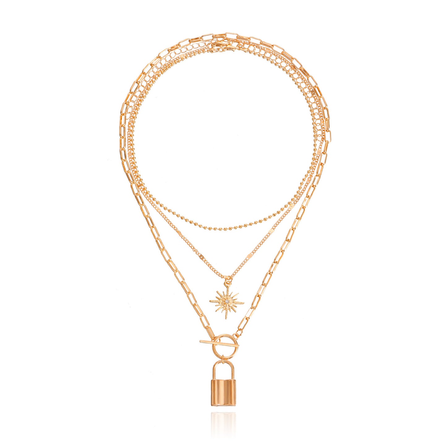 Punk Style Geometric Lock Pendant Necklace for Women with Gold Plated Alloy Chain and Multi-Layer Stackable Design