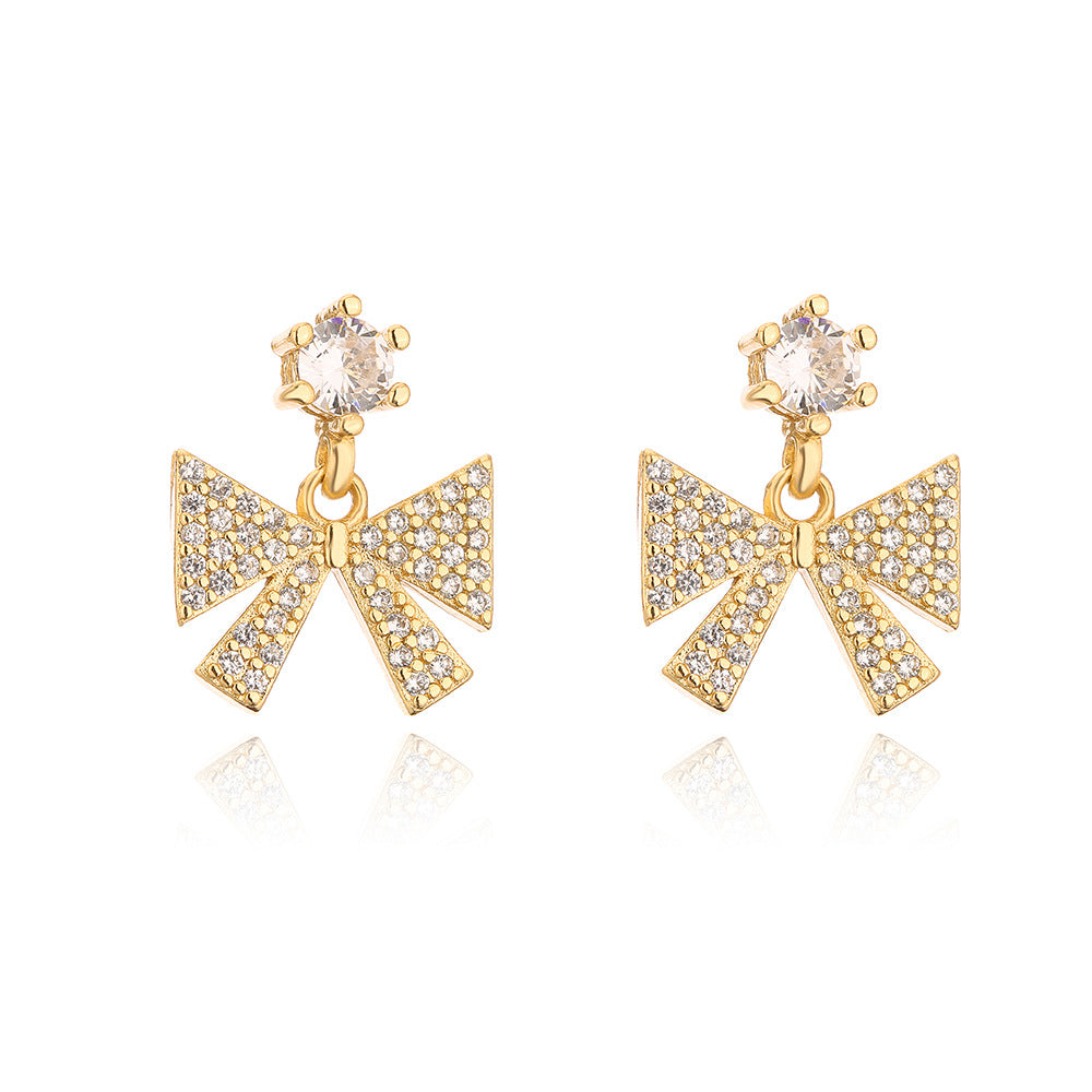 Orecchini a perno da donna a fiocco floreale creativi in rame con placcatura in oro 18K e intarsio in zircone