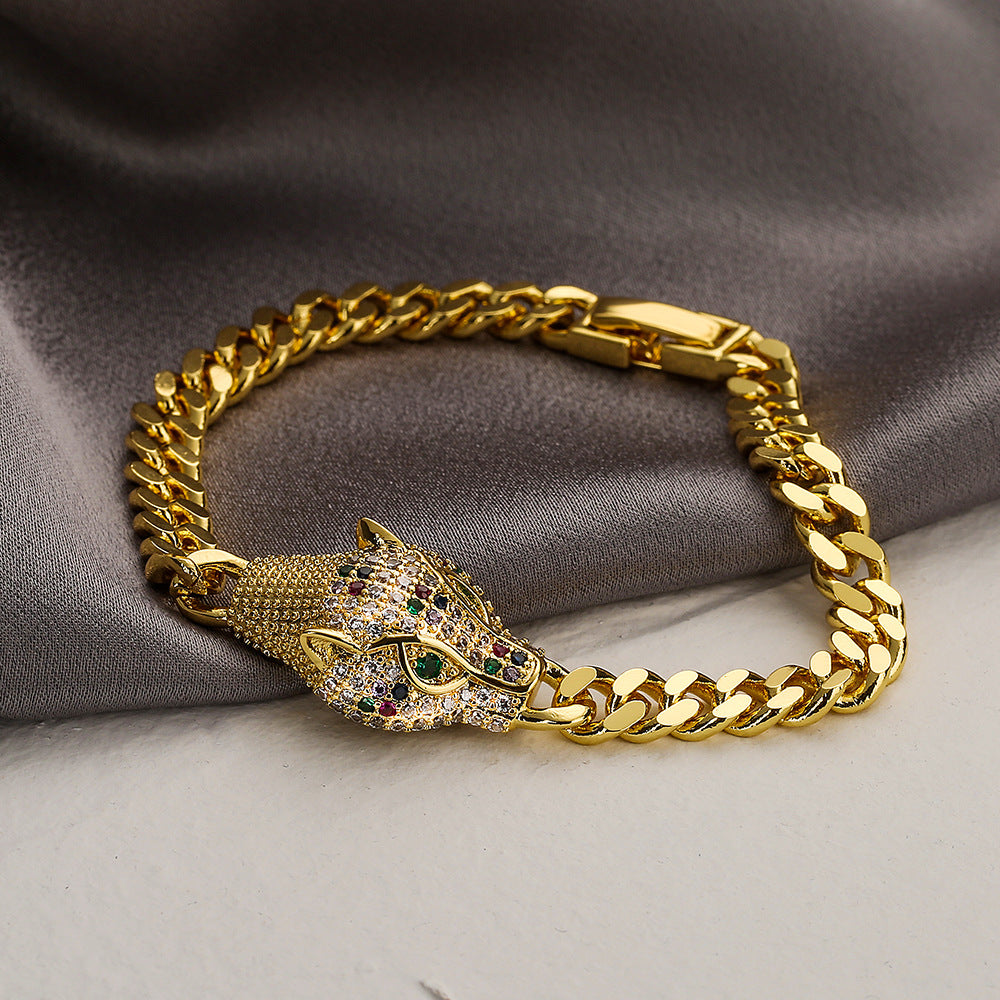 Fashionable Leopard-Shaped Geometric Copper Bracelet with Real Gold Plating and Zircon Accents for Women