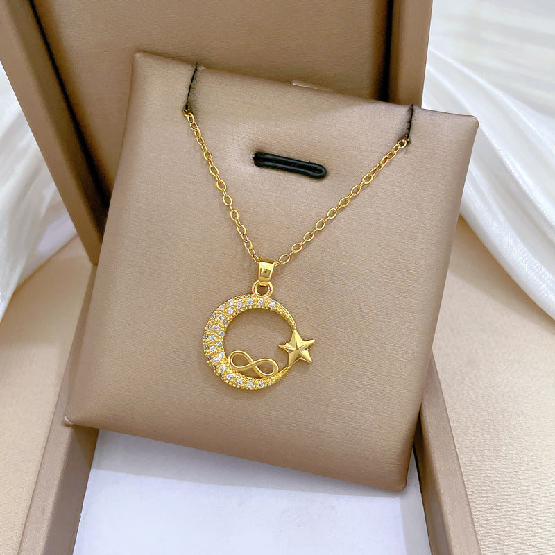 Collana con pendente a stella e luna in strass di lusso per donna in acciaio al titanio, catena sottile per clavicola, design geometrico