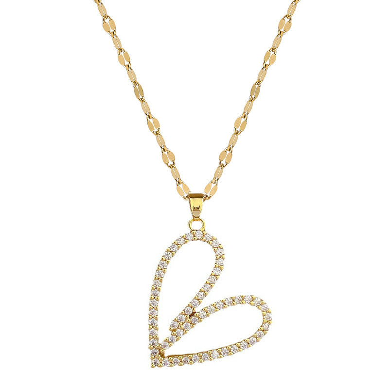 Collana con pendente a cuore geometrico di lusso per donna in acciaio al titanio con strass intarsiati, elegante catena per clavicola per matrimoni, banchetti ed eventi formali