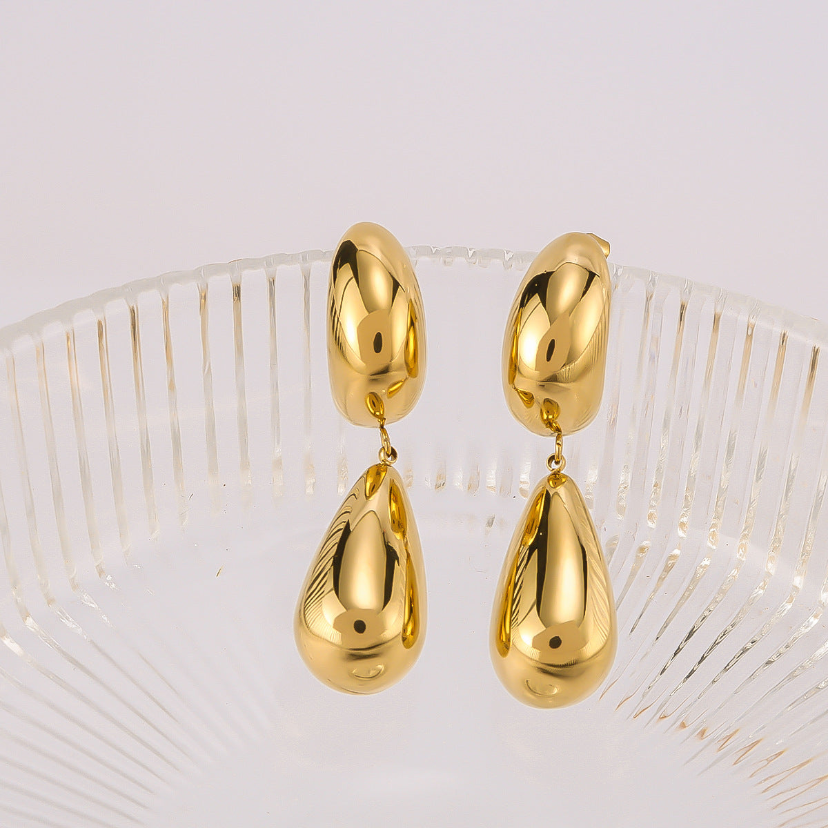 Minimalist Double-Layer Hollow Teardrop-Shaped Stainless Steel Earrings with 18K Gold Plating for Women