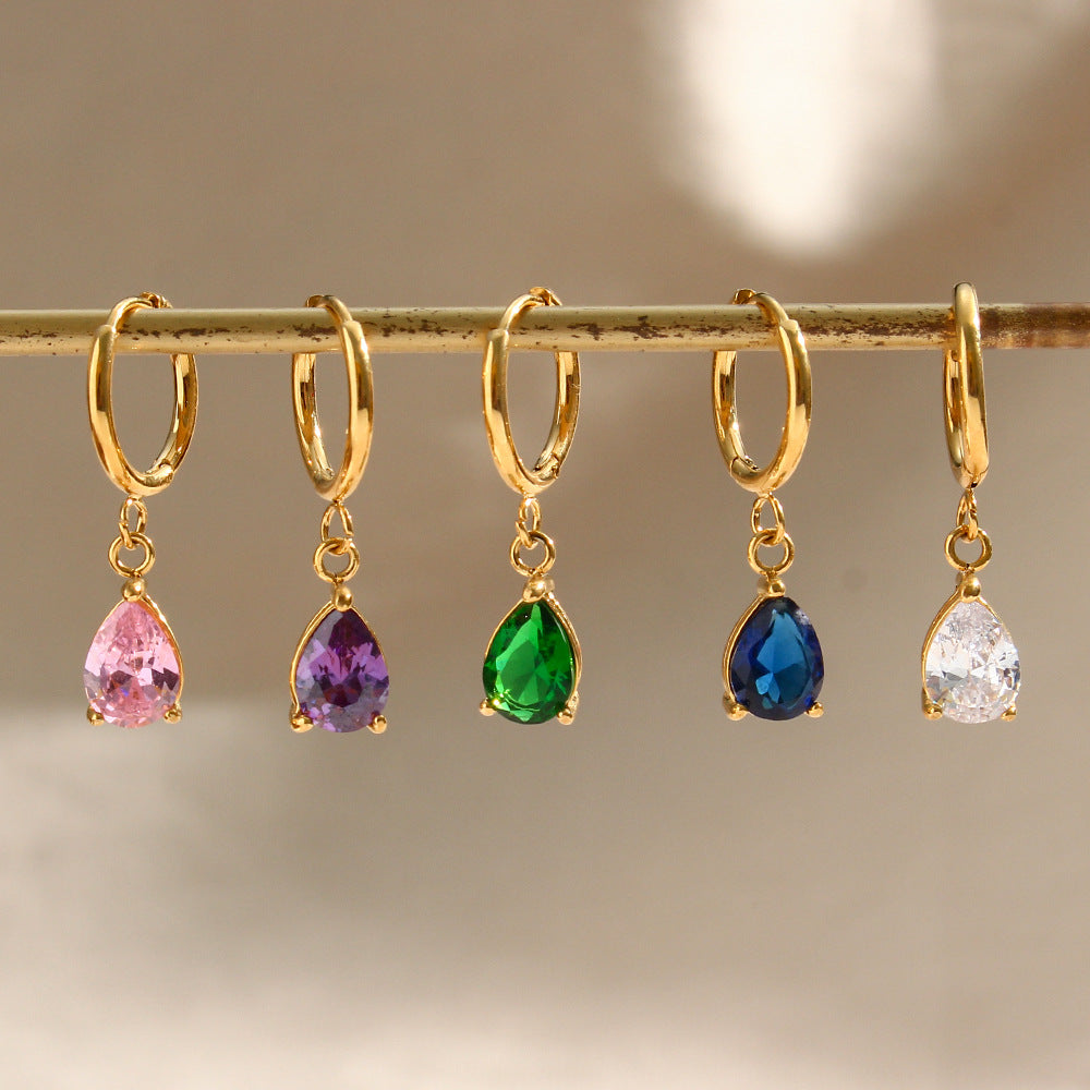 Pendientes geométricos de acero inoxidable a la moda con chapado en oro de 18 quilates y detalles de circonita en forma de lágrima para mujer
