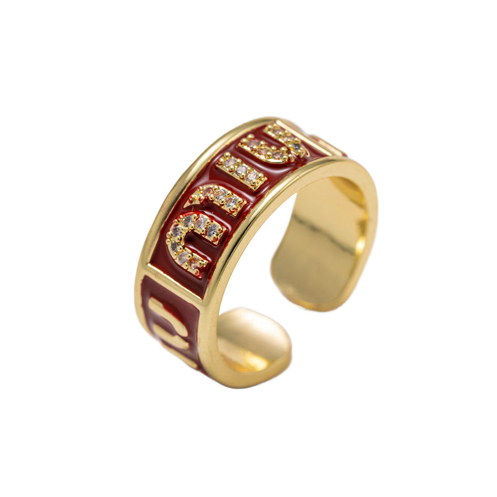 Fashion Luxury Geometric Irregular Enamel Zircon 18K Gold Plated PVD Copper Open Ring for Unisex