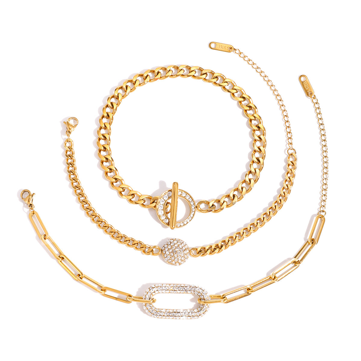 Bracciale geometrico placcato in acciaio inossidabile con zirconi bianchi da donna, gioiello a mano lussuoso e minimalista