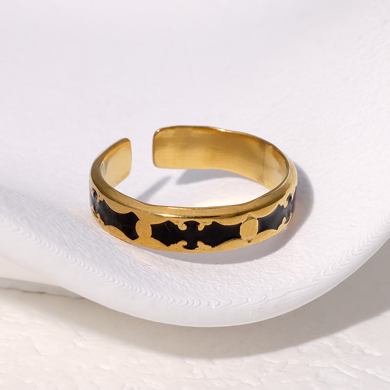 Vintage Stainless Steel Adjustable Ring with 18K Gold Plating and Enamel Finish for Women