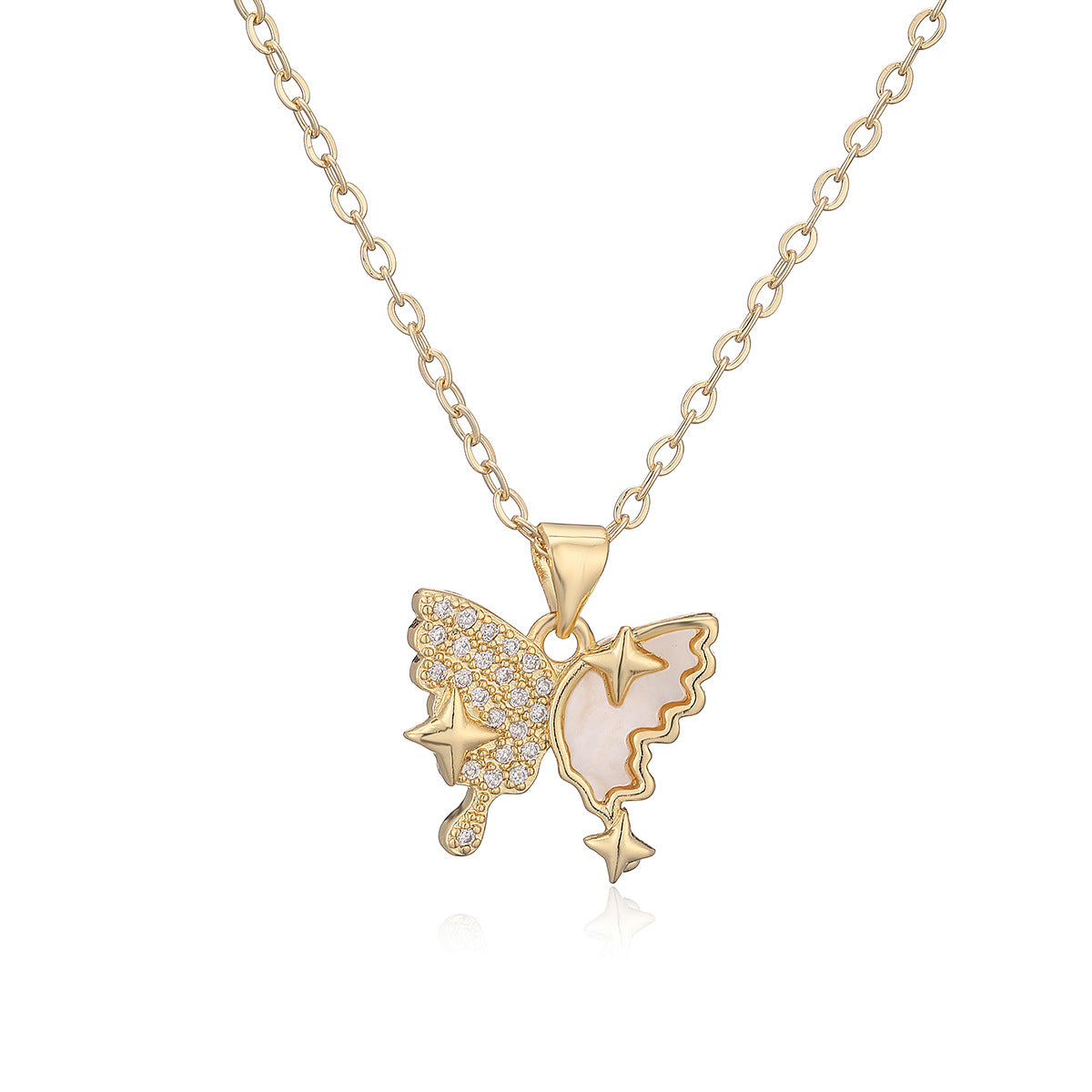 Minimalist Elegant 18K Gold Plated Brass Geometric Butterfly Pendant Necklace with Cubic Zirconia for Women