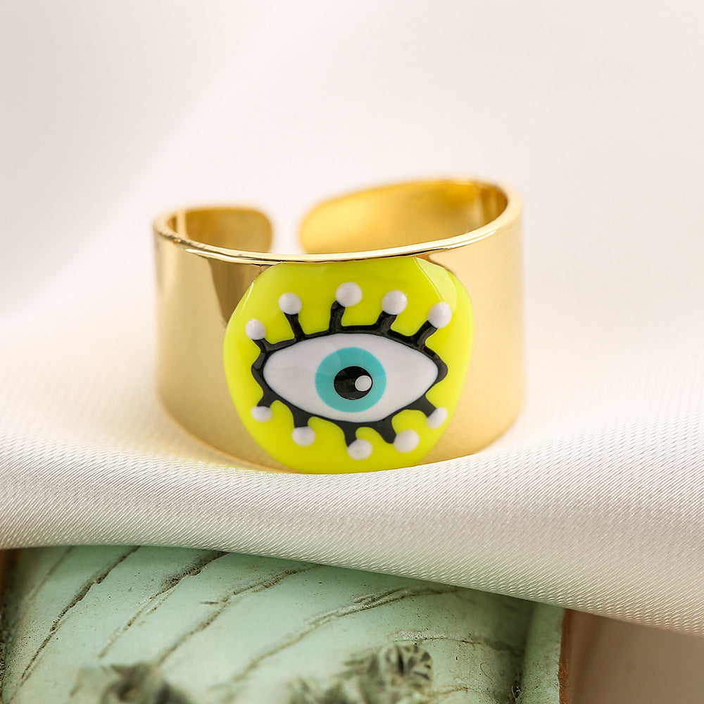 Anello Aperto Geometrico da Donna con Base in Rame Placcato Oro 18K e Smalto Design Occhio di Allah