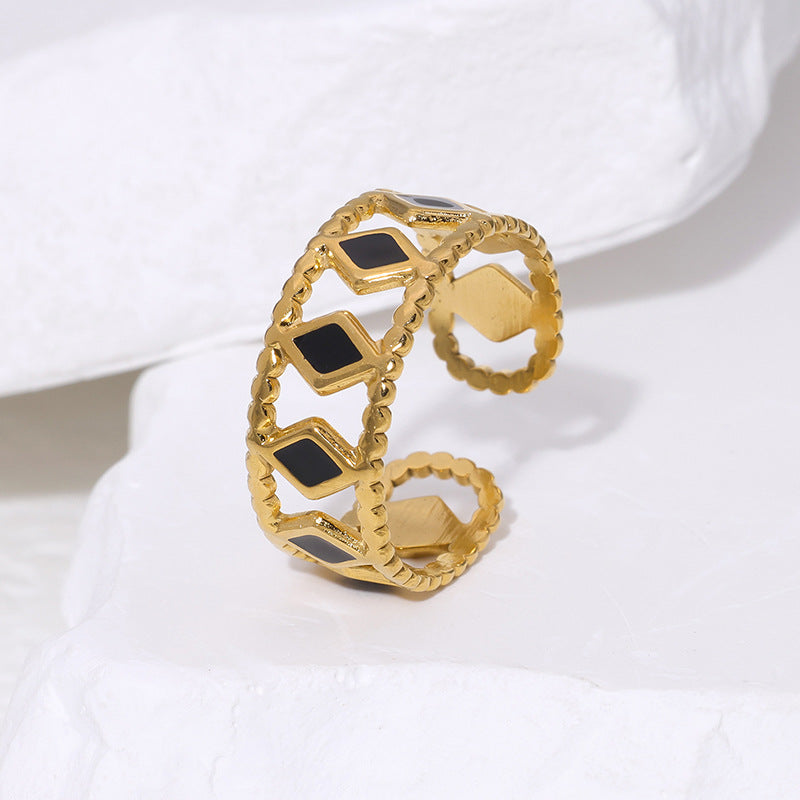 Minimalist Geometric Rhombus Stainless Steel Ring with 18K Gold Plating and Open Adjustable Band for Women