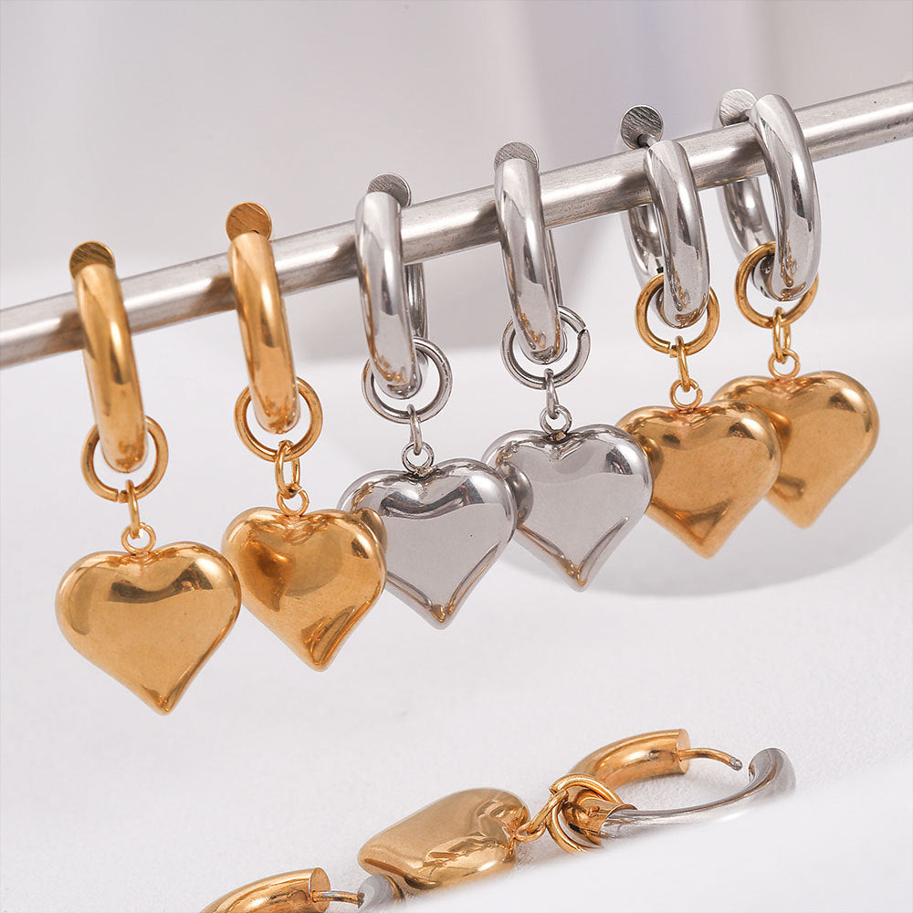 Orecchini a perno con cuore in acciaio inossidabile minimalista con finitura placcata per donna, pendenti staccabili di lusso leggeri