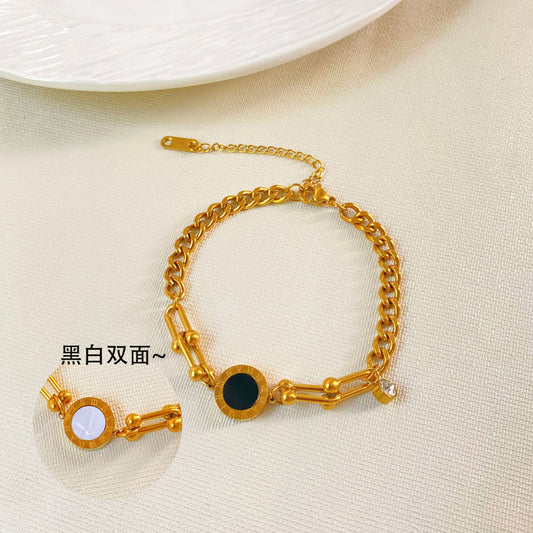 Original Design Gold Plated Titanium Steel Micro-inlaid Shell Black and White Double-sided Roman Number Bracelet