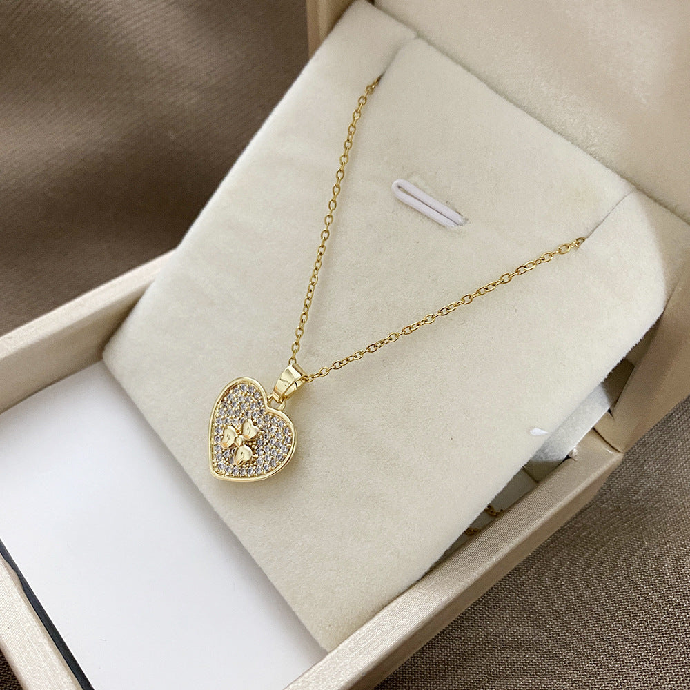 Minimalist Heart-Shaped Titanium Steel Pendant Necklace with Micro-Pavé Rhinestones for Women, Delicate Clavicle Chain with Plated Finish