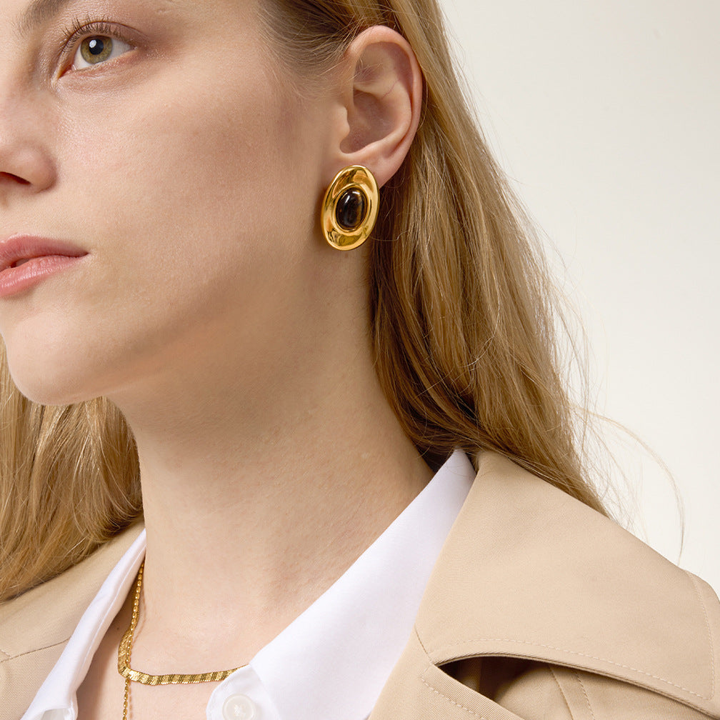 Aretes de tuerca ovalados geométricos minimalistas de lujo con ojo de tigre, chapados en oro de 18 quilates, acero de titanio para mujer