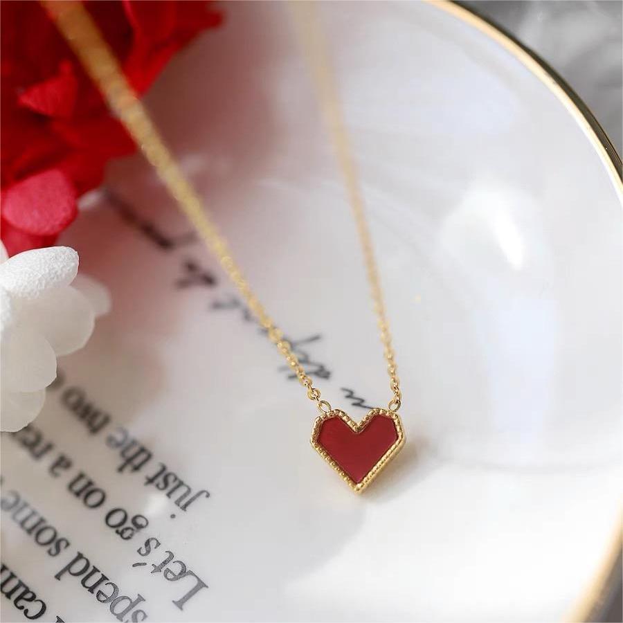 Minimalist Red Heart-Shaped Titanium Steel Necklace for Women with Cross Chain Design
