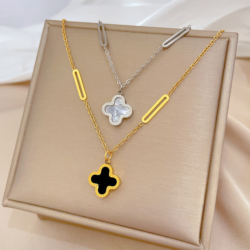 Minimalist Clover Flower Pendant Necklace in Titanium Steel with Gold Plating for Women