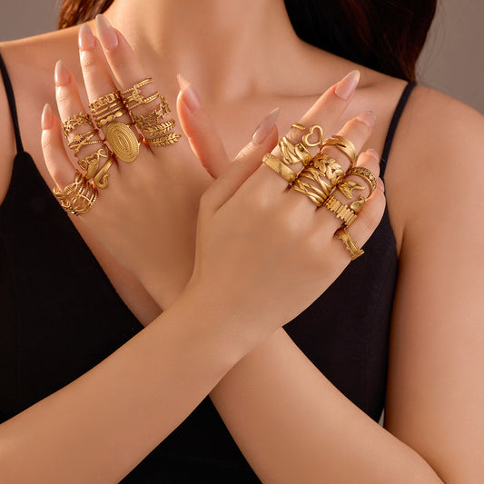 Anillo abierto geométrico minimalista de acero inoxidable con baño de oro de 18 quilates, diseño hueco de varias capas para mujer