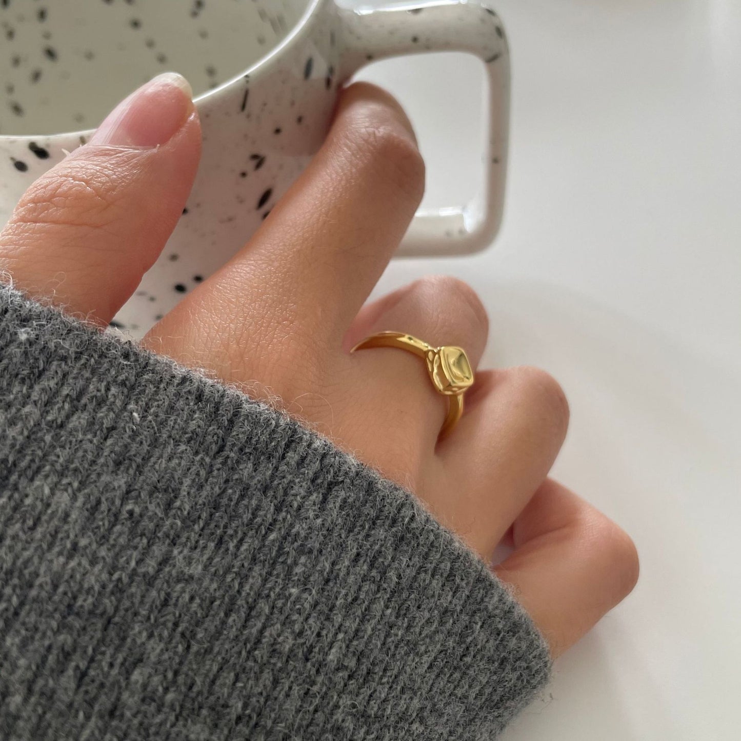 Minimalist Sweet 925 Sterling Silver Square Heart Textured Open Ring for Women