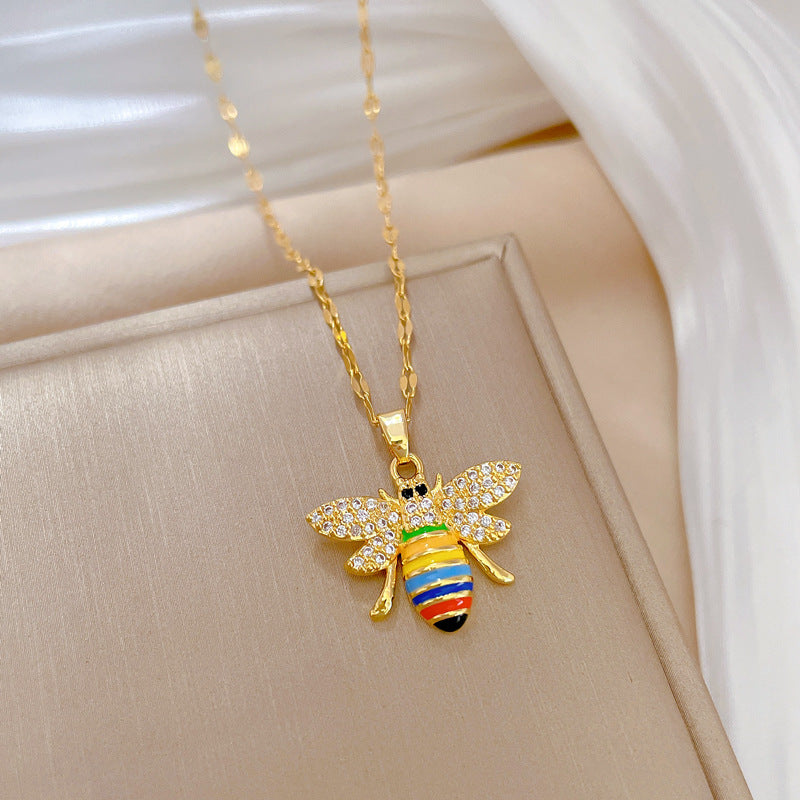 Luxury Titanium Steel Bee Pendant Necklace for Women with Geometric Design, Plated Finish, Delicate Clavicle Chain for Wedding and Party Occasions