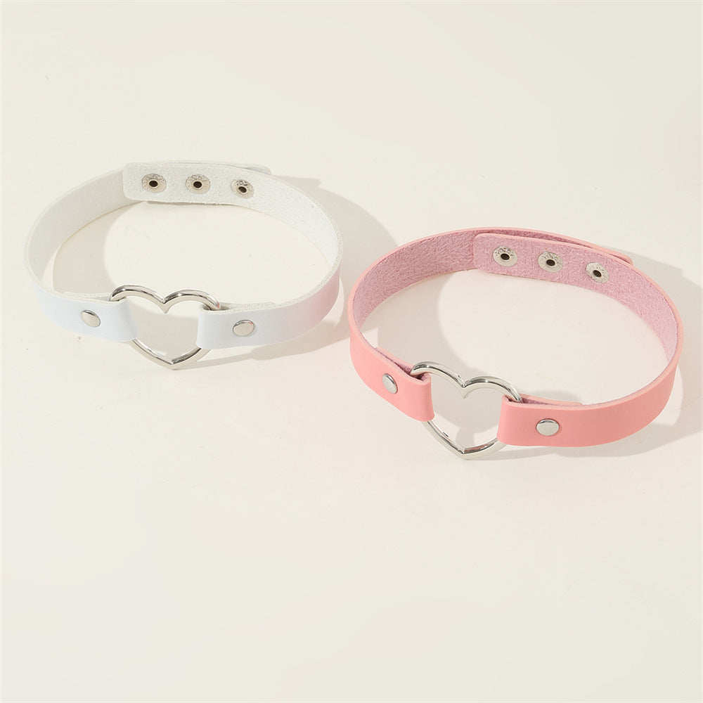 Set di Girocolli in Pelle a Cuore Stile Harajuku Minimalista Carino per Bambini in Rosa Tenue e Bianco