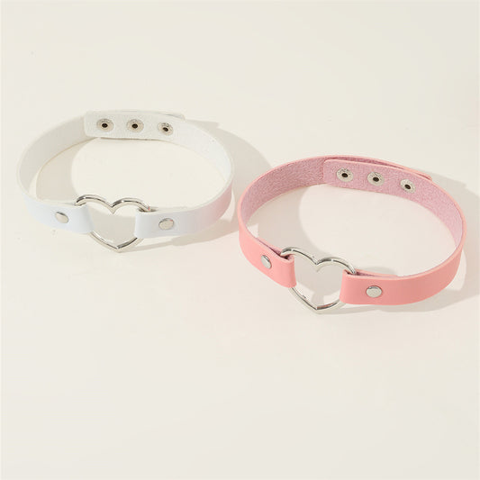 Conjunto de gargantilla de cuero con forma de corazón, estilo Harajuku, minimalista y bonito para niños en rosa suave y blanco