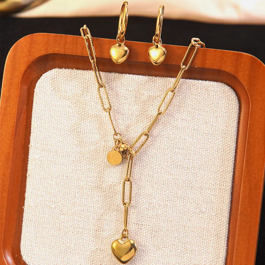 Set Collana e Orecchini da Donna a Goccia con Cuore Elegante Minimalista in Acciaio Inossidabile Placcato