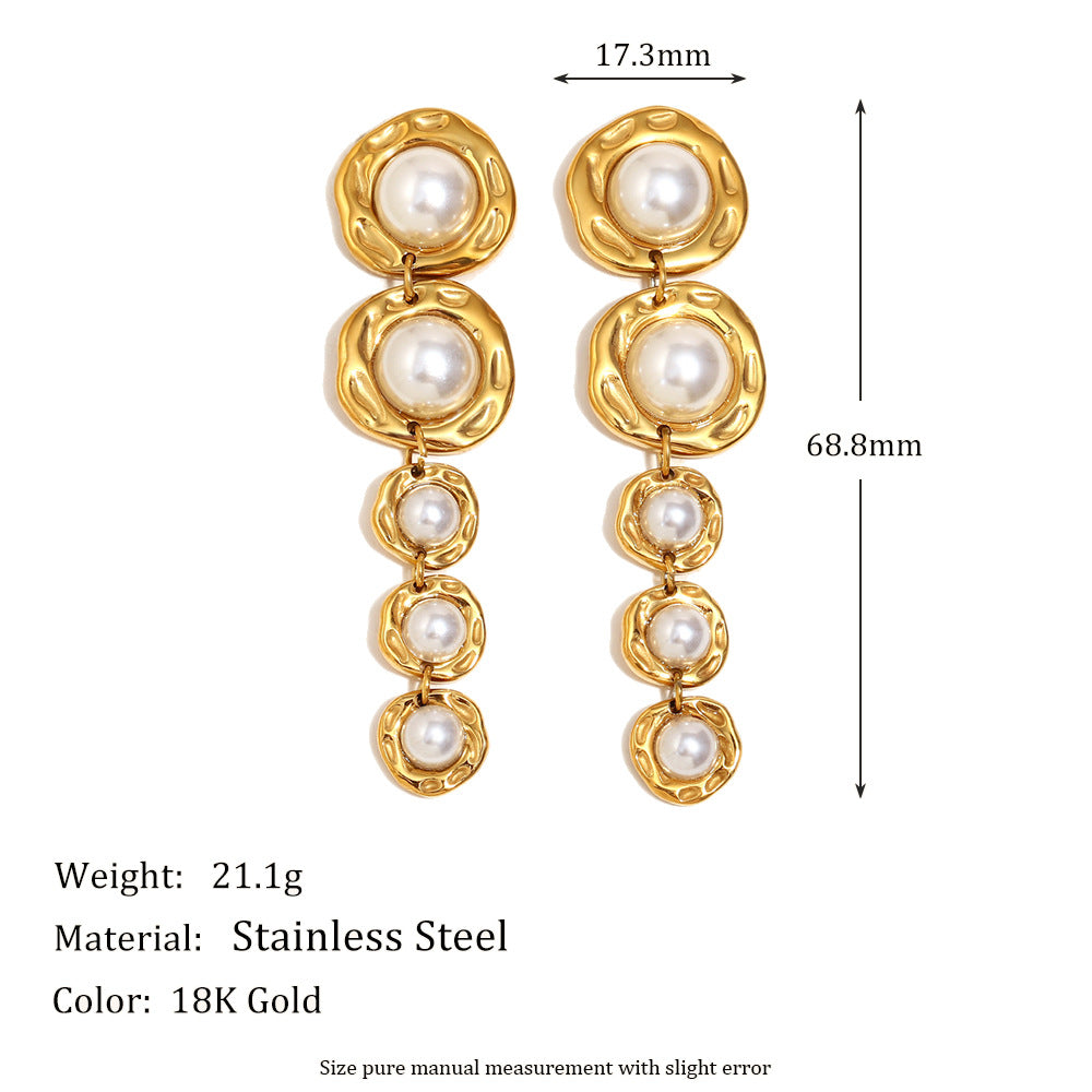 Fashionable Vintage-Inspired Geometric Stainless Steel Earrings with 18K Gold Plating and Mixed-Size Pearl Accents for Women