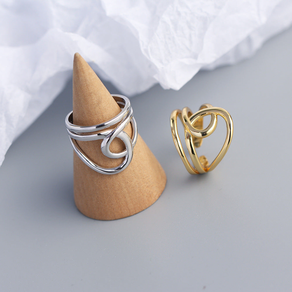 Anello aperto a doppio strato lucido geometrico in argento sterling 925 minimalista da donna