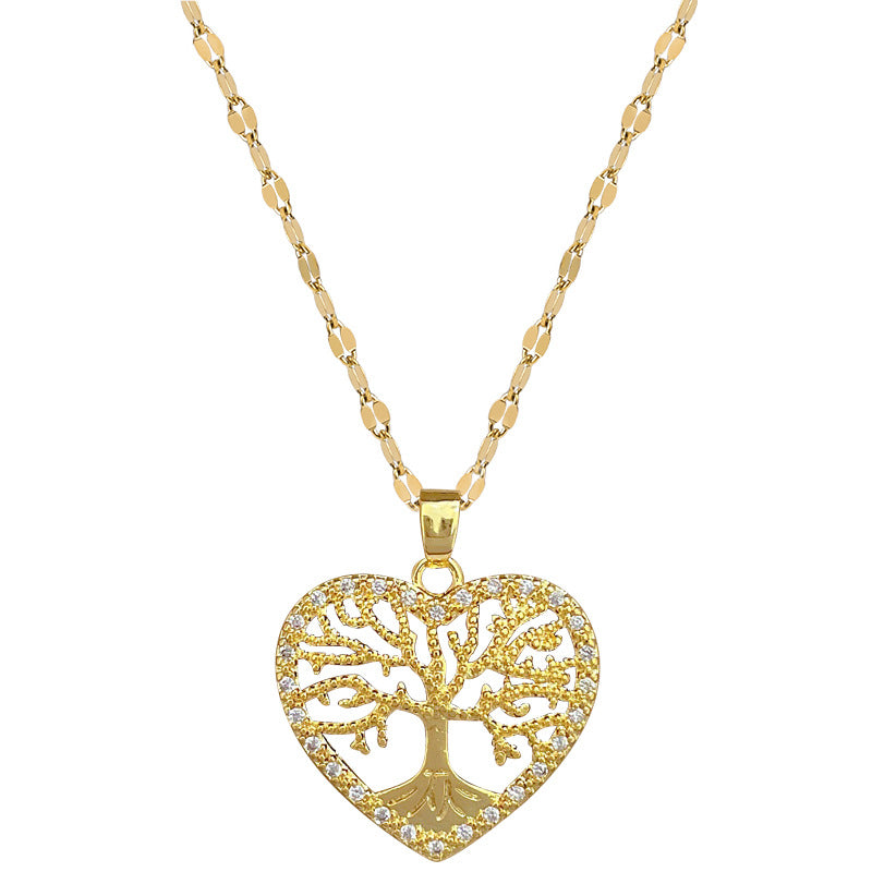 Collar de cadena de lujo de acero de titanio con forma de corazón y árbol de la vida con diamantes de imitación