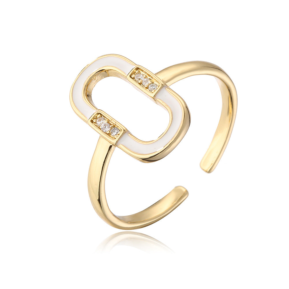 Minimalist Geometric Copper Ring with 18K Gold Plating and Enamel Zirconia Accents for Women